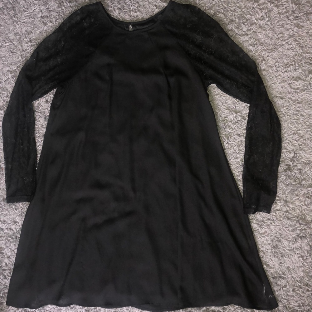 Black swing dress, long lace sleeves, high neck